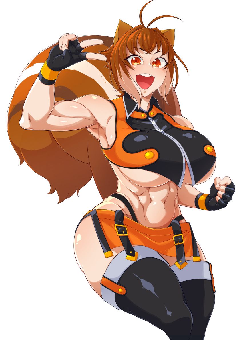 1girl abs absurdres animal_ears bare_shoulders blazblue breasts brown_hair fingerless_gloves gloves highres huge_breasts looking_at_viewer makoto_nanaya microskirt short_hair siu_tyler skirt sleeveless squirrel_ears squirrel_tail tail teeth underboob upper_teeth_only v white_background