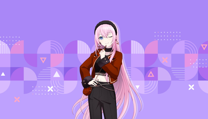 1girl abstract_background bag belt_bow black_bow black_hairband black_pants bow bow_earrings breast_pocket breasts buttoned_cuffs buttons cleavage_cutout closed_mouth clothing_cutout collarbone colorful_palette cosmetics cowboy_shot crop_top cropped_jacket dot_nose double_horizontal_stripe earrings fashion fingernails fur-trimmed_sleeves fur_hairband fur_trim hair_between_eyes hair_over_shoulder hairband hand_on_own_hip hand_up head_tilt heart heart_print high-waist_pants highres holding holding_lipstick_tube jacket jewelry lipstick_tube long_hair looking_at_viewer medium_breasts megurine_luka midriff nail_art navel official_alternate_costume official_art open_clothes open_jacket pale_skin pants pink_hair pocket project_sekai purple_background purple_eyes red_bag red_jacket red_nails shoulder_bag sidelocks silver_earrings silver_trim simple_background smile solo straight_hair striped_background take_the_best_shot!_(project_sekai) third-party_source triangle_background triangle_earrings tsurime turtleneck very_long_hair vivid_bad_squad_luka vocaloid