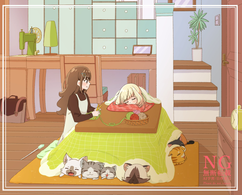 2girls akizora_(aki_precure) basket blonde_hair blush brown_bag brown_hair brown_sweater cat chair clock closed_eyes closed_mouth desk door drawer dress hair_ornament hairclip knitting knitting_needle kotatsu lamp light_switch long_hair long_sleeves multiple_girls needle nekoyashiki_mayu nekoyashiki_yuki pink_eyes plant potted_plant precure sewing_machine sitting sleeping sleeveless sleeveless_dress stairs sweater table white_dress wonderful_precure! yarn yarn_ball