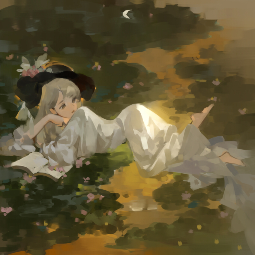 1girl aristocratic_clothes barefoot black_hat blonde_hair book brown_eyes dress grass hat highres long_hair lying on_stomach original painterly shachang solo white_dress