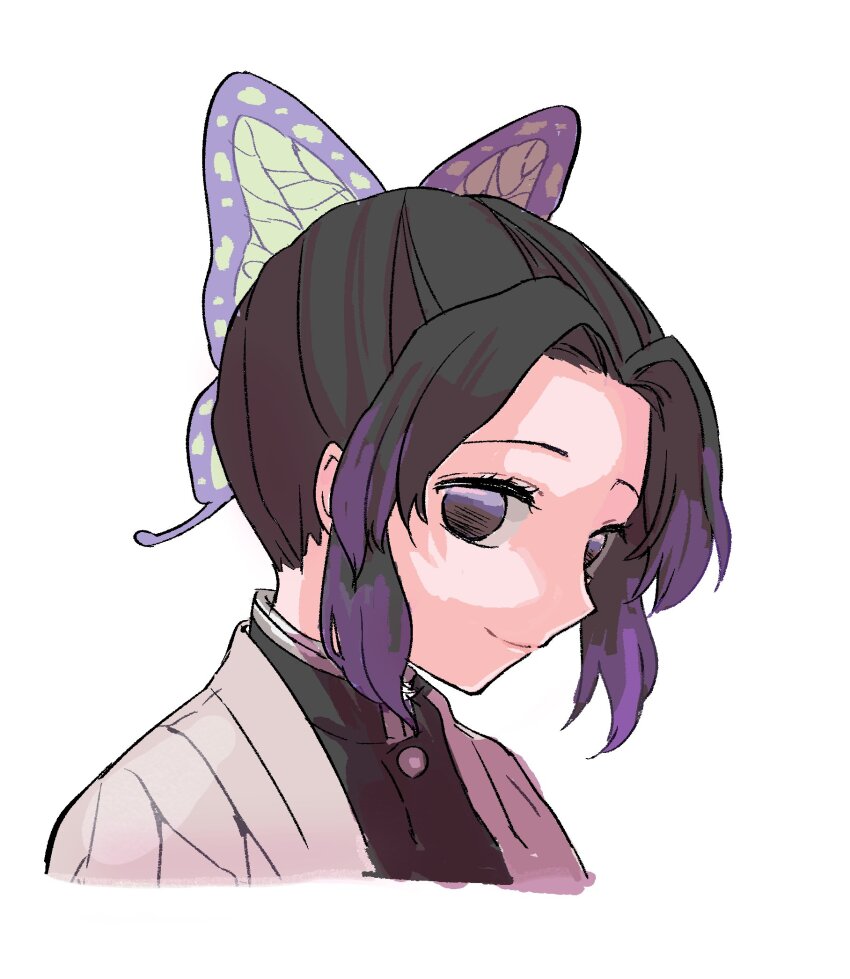 1girl black_hair butterfly_hair_ornament commentary demon_slayer_uniform hair_ornament haori highres himeko_(nico6v6pachi) japanese_clothes kimetsu_no_yaiba kochou_shinobu portrait profile purple_eyes purple_hair sidelocks smile solo