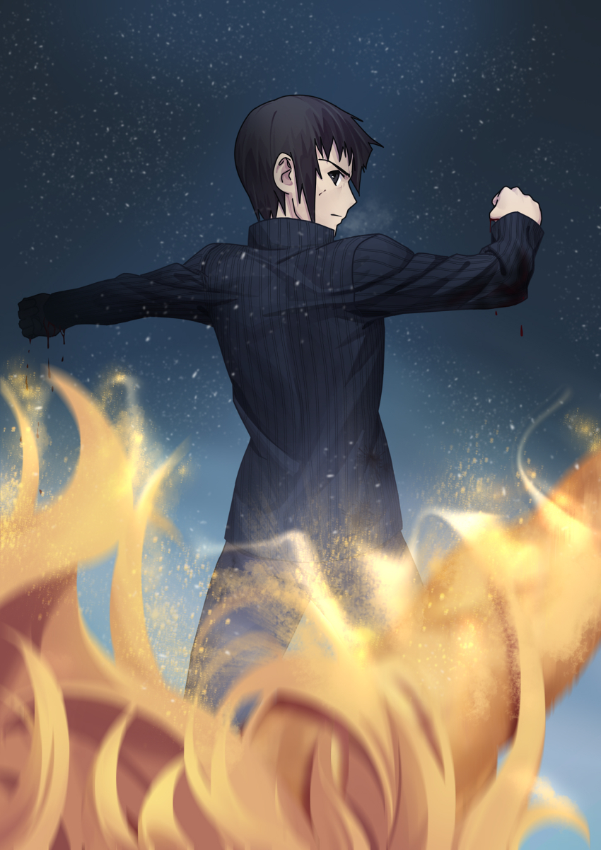 black_hair black_jacket broken_arm commentary_request cqqz0707 falling high_collar highres injury jacket lugh_beowulf lugh_beowulf_(wolf) mahou_tsukai_no_yoru pinstripe_jacket pinstripe_pattern shizuki_soujuurou short_hair spoilers star_(symbol) star_symbol_background striped werewolf