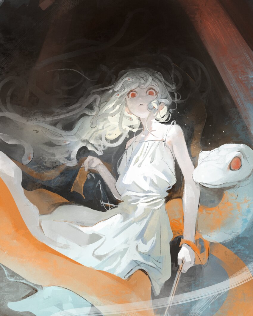 1girl absurdres bare_arms bare_shoulders closed_mouth dress god_nadeko highres kanji_(nievart) kuchinawa living_hair long_hair looking_at_viewer monogatari_(series) pale_skin red_eyes sengoku_nadeko snake snake_hair solo sundress torii very_long_hair white_dress white_hair white_snake