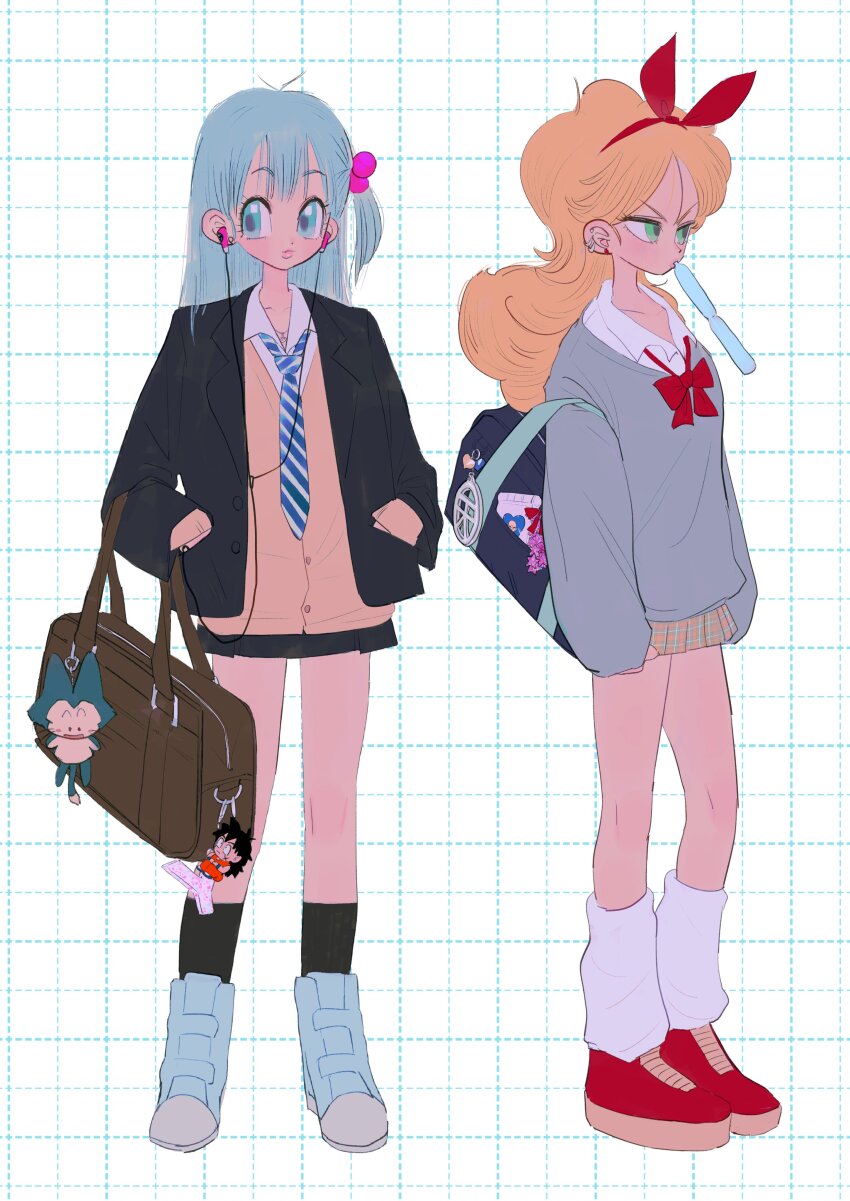 absurdres averting_eyes bag black_jacket black_skirt blazer blonde_hair blue_eyes blue_hair blue_necktie bottle bow brown_bag cardigan character_charm charm_(object) collared_shirt curly_hair dragon_ball dragon_ball_(classic) ear_piercing earphones earrings green_eyes green_skirt gyaru hair_bobbles hair_ornament hair_ribbon hairband hands_in_pockets highres jacket jewelry kogal lips long_hair long_sleeves looking_at_viewer loose_socks lunch_(bad)_(dragon_ball) lunch_(dragon_ball) mnchki mouth_hold necklace necktie open_clothes open_jacket piercing pink_lips plaid_clothes plaid_skirt pleated_skirt puar red_bow red_footwear red_hairband ribbon school_bag shirt skirt sleeves_past_wrists socks striped_necktie stud_earrings sweater tenshinhan three_quarter_view v-shaped_eyebrows white_shirt yamcha yellow_cardigan