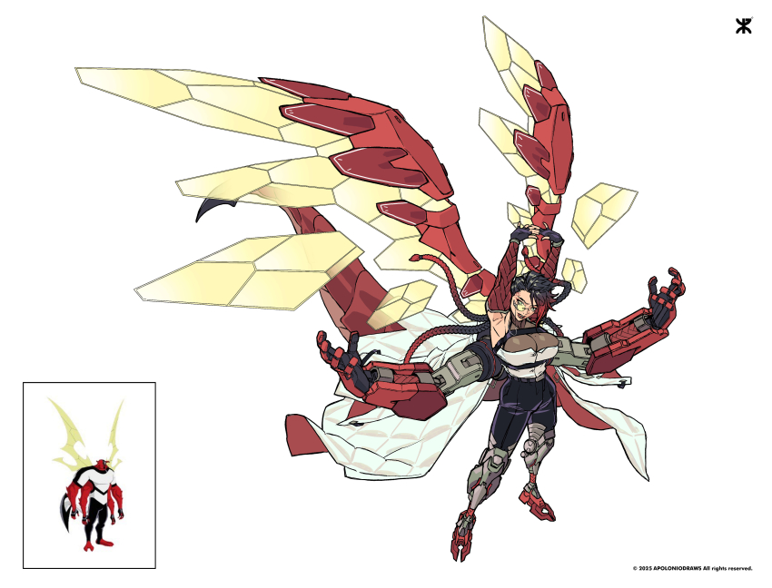 1girl absurdres apoloniodraws ben_10 black_hair black_pants braid breasts coat cyborg fingerless_gloves four_arms_(ben_10) fusion genderswap genderswap_(mtf) gloves green_eyes highres mechanical_arms mechanical_legs mechanical_wings multiple_braids pants shirt stinkfly stretching white_coat white_shirt wings