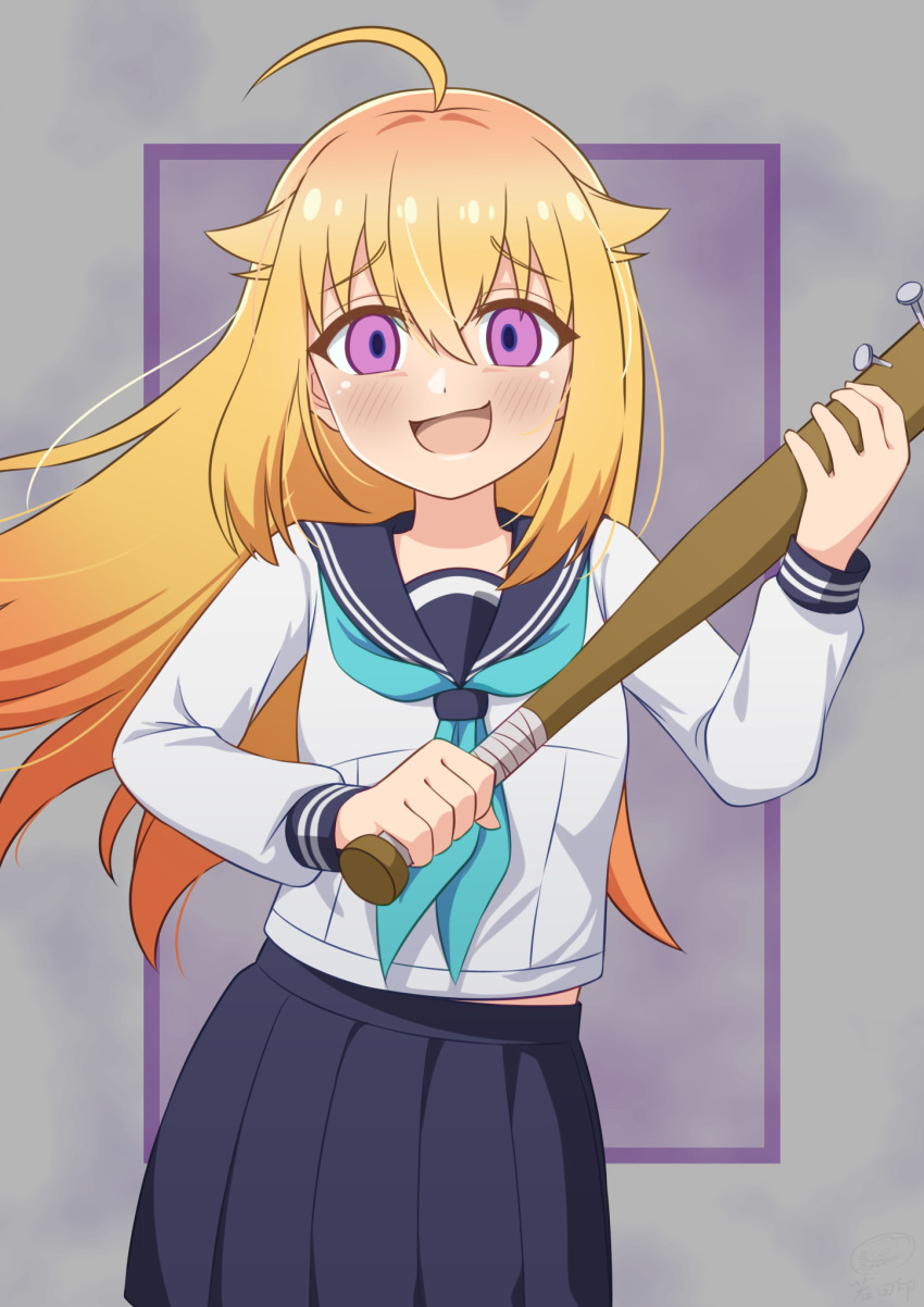 1girl ahoge aqua_neckerchief baseball_bat blonde_hair blue_neckerchief blue_sailor_collar blue_skirt blush commentary crazy_eyes floating_hair hair_between_eyes hair_flaps highres hino_minami_high_school_uniform holding holding_baseball_bat koshi_torako long_hair long_sleeves neckerchief open_mouth purple_eyes sailor_collar school_uniform serafuku shikanoko_nokonoko_koshitantan shirt skirt smile solo wakata24s white_serafuku white_shirt
