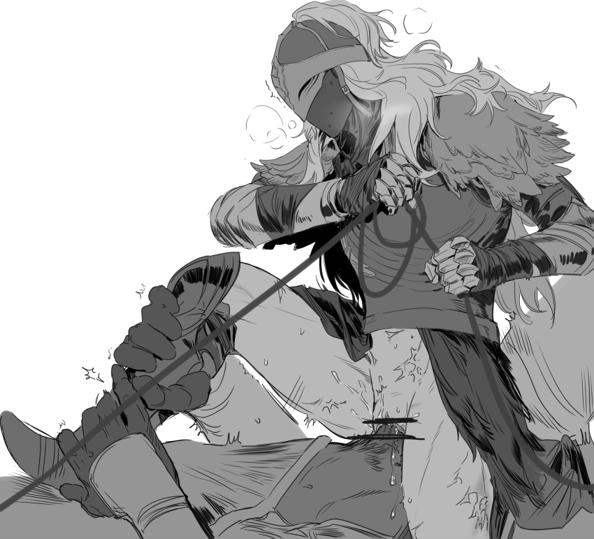 192_saioma 1boy 1girl absurdres armor bar_censor bloody_wolf_(elden_ring) bottomless breastplate cape censored commentary cowgirl_position elden_ring feet_out_of_frame femdom fur_cape gauntlets greyscale helmet hetero highres holding holding_leash leash leash_pull leg_grab long_hair monochrome penis pussy scar scar_on_leg sex simple_background solo_focus straddling tarnished_(elden_ring) vaginal