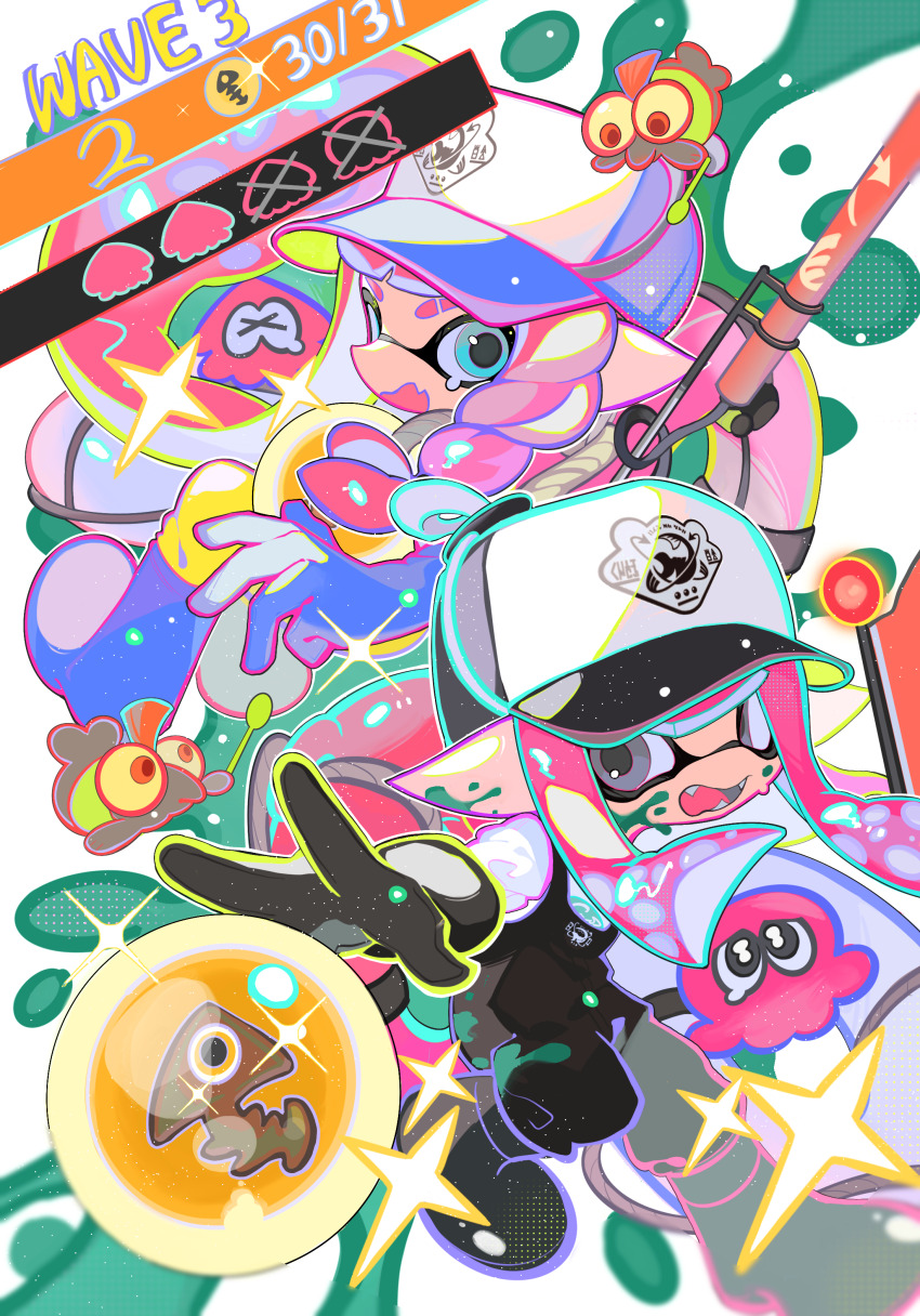 2girls absurdres baseball_cap black_footwear black_gloves black_overalls blue_eyes blue_footwear blue_gloves boots braid commentary_request eyebrow_cut fang gameplay_mechanics gloves golden_egg_(splatoon) grey_eyes hat highres ink_on_face inkling inkling_girl inkling_player_character lifebuoy multiple_girls nintendo open_mouth outstretched_arm overalls pink_hair reaching rubber_boots rubber_gloves salmon_run_(splatoon) single_braid skin_fang smallfry_(splatoon) splatoon_(series) splatoon_3 swim_ring teardrop tentacle_hair twintails xiaoyunatie