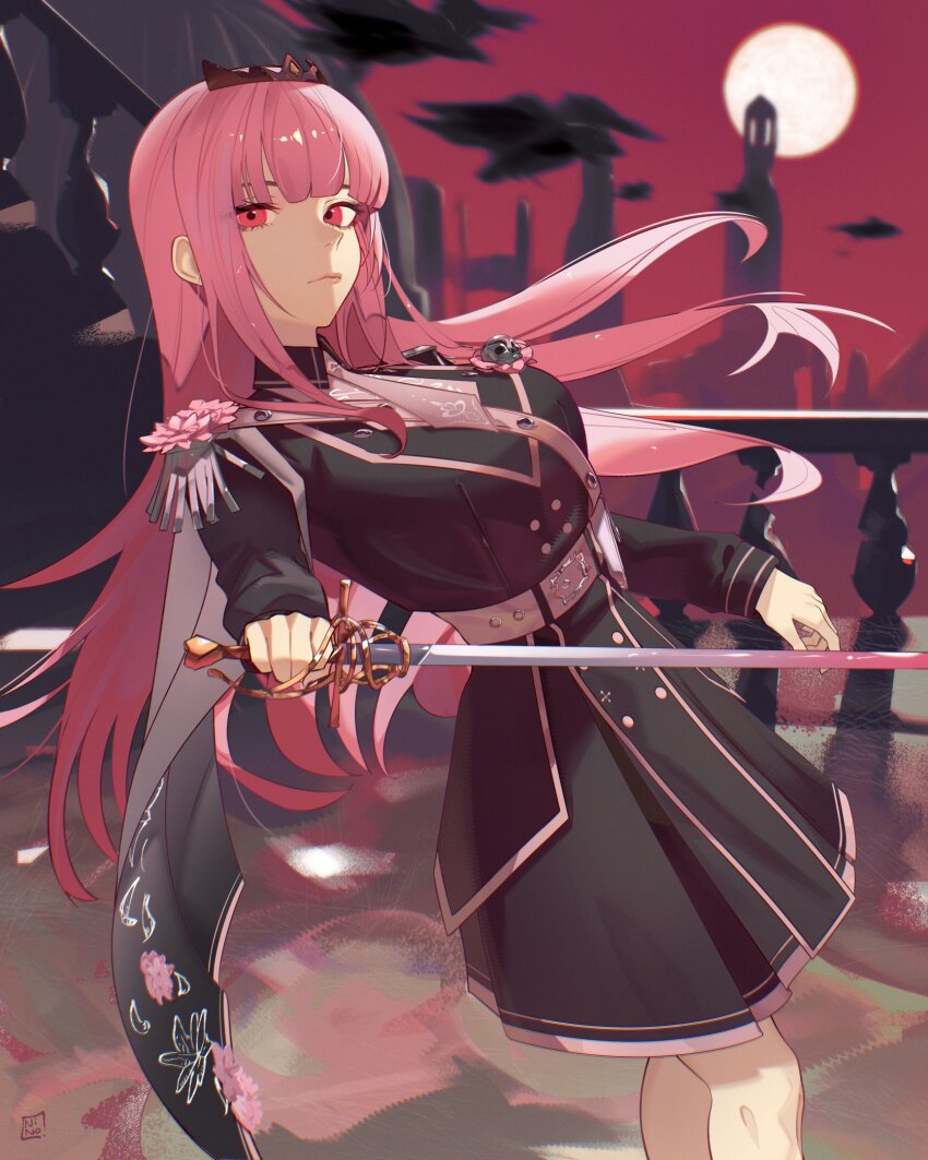 1girl alternate_costume bird black_bird breasts closed_mouth crow dress floral_print foreshortening highres holding hololive hololive_english jacket jewelry large_breasts legwear_garter long_hair long_sleeves looking_at_viewer military_lolita military_uniform moonlight mori_calliope necktie ninochuu pink_eyes pink_hair railing red_eyes red_sky shirt skirt sky solo standing tiara underworld virtual_youtuber