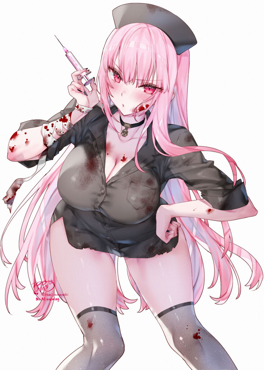 1girl absurdres artist_name bandaged_wrist bandages black_choker black_dress black_hat black_nails black_thighhighs blood blood_on_arm blood_on_body blood_on_clothes blood_on_face blush breasts choker cleavage collarbone commentary dress english_commentary fingernails hat highres holding holding_syringe hololive hololive_english kamiya_maneki large_breasts long_hair long_sleeves looking_at_viewer mori_calliope nail_polish nurse_cap open_mouth pink_eyes pink_hair signature simple_background skull_choker solo syringe thighhighs thighs twitter_username virtual_youtuber white_background