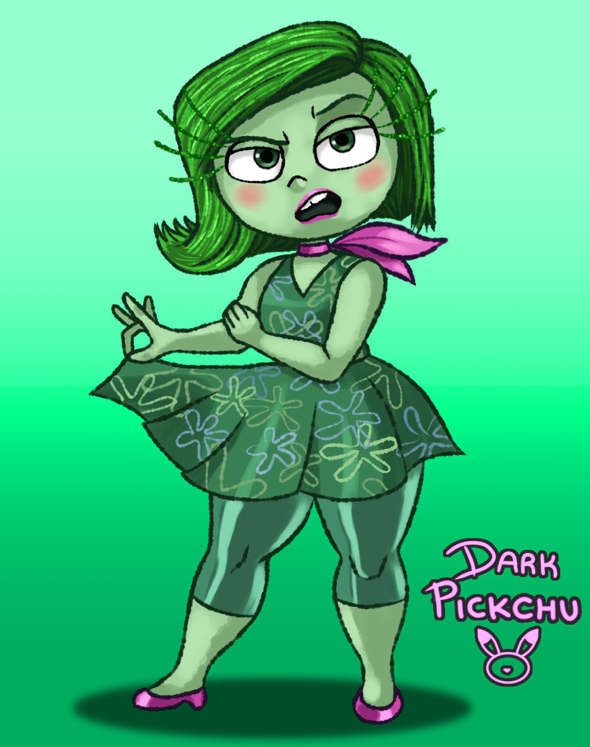 artist_logo blush clothes_lift colored_skin disgust disgust_(inside_out) eyelashes green_eyes green_hair green_skin green_skirt high_heels highres inside_out logo scarf skirt skirt_lift thick_eyelashes thick_thighs thighs wide_hips