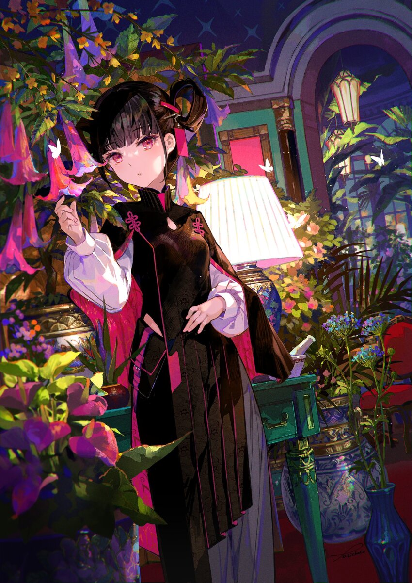 1girl absurdly_detailed_composition black_dress black_hair blue_flower breasts carpet chair clothes_pin desk dress flower flower_pot fuzichoco hair_ornament hair_rings hanging_flower hanging_light hanging_plant highres indoors lamp lampshade leaf loaded_interior long_sleeves looking_at_viewer mortar_(bowl) open_mouth original pestle pillar pink_flower plant pleated_dress potted_plant purple_flower red_carpet short_hair small_breasts solo standing table window wooden_floor