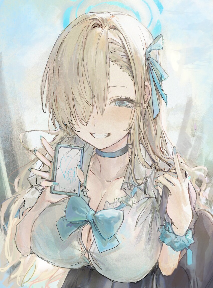 1girl absurdres aqua_eyes aqua_nails doodle_sensei_(blue_archive) asuna_(blue_archive) black_skirt blue_archive breasts cellphone choker cleavage eyelashes grin hair_ornament hair_over_one_eye hair_ribbon hair_scrunchie halo highres holding holding_phone large_breasts light_brown_hair long_hair looking_at_viewer mole mole_on_breast nail_polish phone qqkkay ribbon scrunchie sensei_(blue_archive) shirt skirt smartphone smile solo upper_body very_long_hair white_shirt wrist_scrunchie
