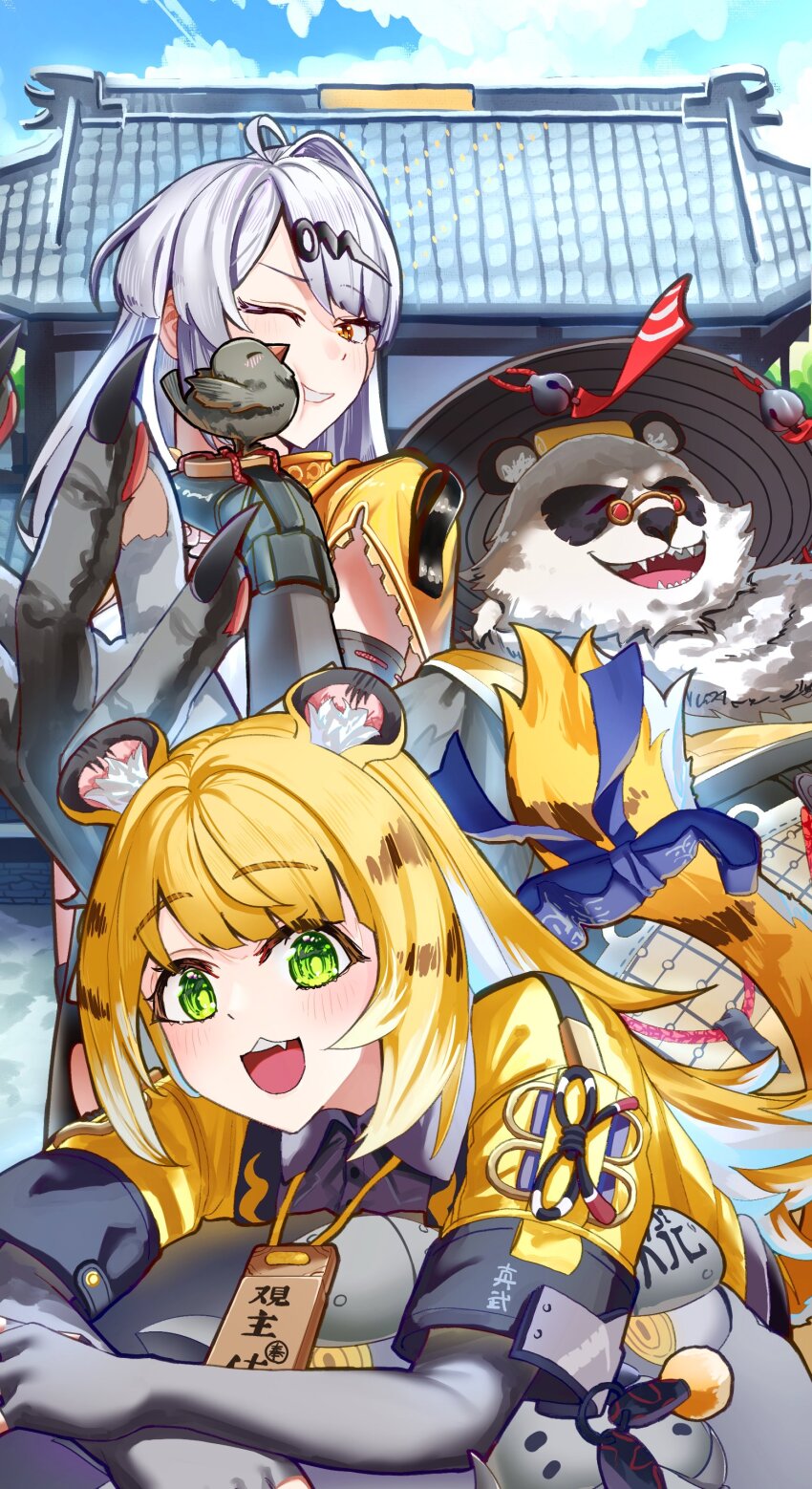 1boy 2girls absurdres animal_ears bird black_fur black_gloves colored_inner_hair conical_hat day elbow_gloves gloves green_eyes hair_ornament harukimatsui_25 highres jacket ju_fufu multicolored_fur multicolored_hair multiple_girls orange_fur orange_hair outdoors pan_yinhu panda panda_boy round_eyewear single_hair_intake smile striped_fur tail tail_ornament tiger_ears tiger_girl tiger_tail vest white_hair yellow_eyes yellow_jacket yellow_vest yixuan_(zenless_zone_zero) zenless_zone_zero