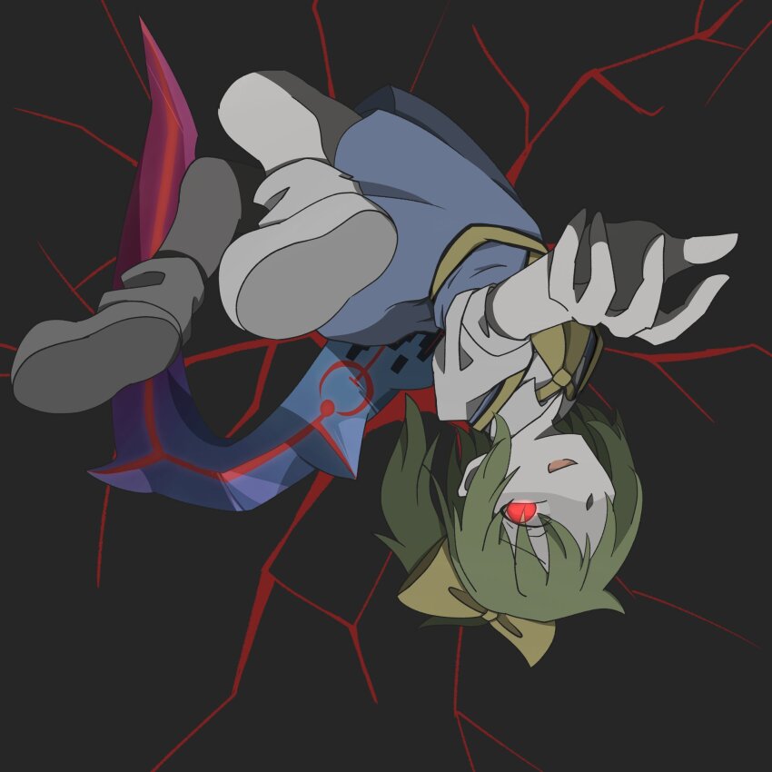 1girl blue_dress bois_de_justice boots bow collared_shirt colored_skin commentary_request cookie_(touhou) daiyousei dies_irae diyusi_(cookie) dress full_body glowing glowing_eye green_hair grey_background hair_bow hair_over_one_eye high_ponytail highres looking_at_viewer medium_hair nanariku open_mouth pinafore_dress ponytail red_eyes shinza_bansho_series shirt sleeveless sleeveless_dress solo touhou upside-down white_boots white_shirt white_skin yellow_bow