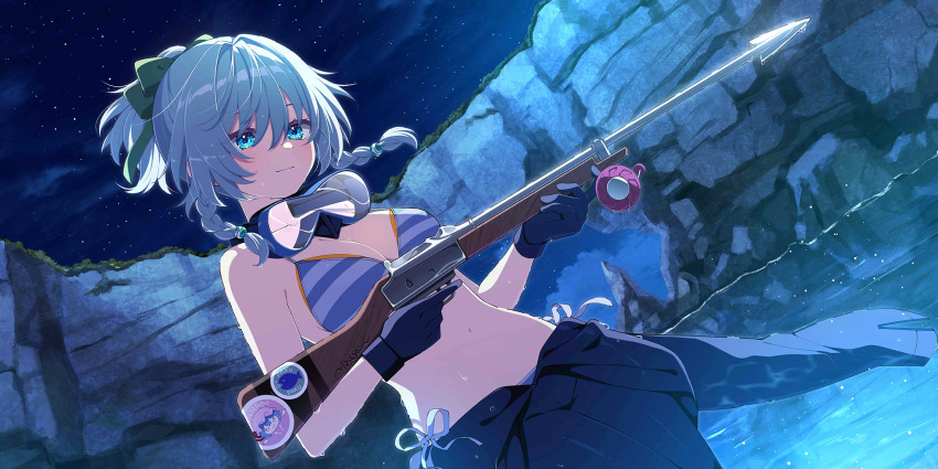 1girl alternate_costume alternate_hairstyle animal_print arch bikini black_gloves black_wetsuit blue_bikini blue_eyes bodysuit_around_waist braid breasts character_print cleavage closed_mouth fish_print game_cg gloves goggles goggles_around_neck grey_hair harpoon harpoon_gun highres holding holding_weapon izayoi_sakuya koyoi_mitsuki light_smile looking_at_viewer navel night night_sky official_art outdoors remilia_scarlet sky solo star_(sky) stomach striped_bikini striped_clothes swimsuit third-party_source touhou touhou_lostword twin_braids water weapon wet
