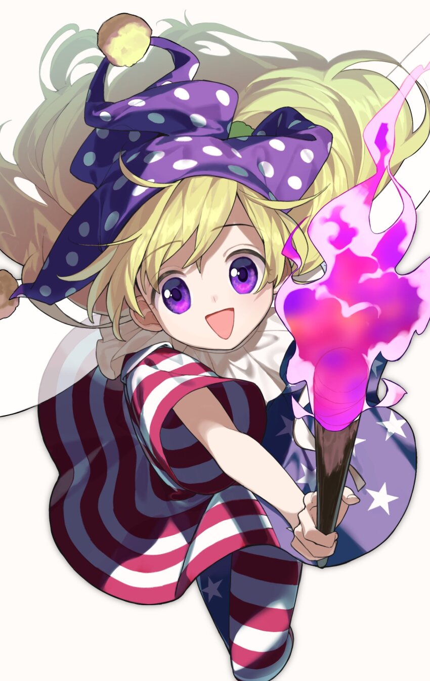 1girl :d american_flag_dress clownpiece dress fairy_wings hat highres holding holding_torch jester_cap keiki8296 long_hair looking_at_viewer open_mouth pantyhose polka_dot_headwear purple_eyes purple_hat simple_background smile solo star_(symbol) star_print striped_clothes striped_dress striped_pantyhose torch touhou very_long_hair white_background wings