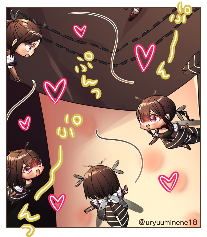 1other 4girls :d antennae arthropod_girl black_dress blush border brown_hair bug_bite chibi commentary_request dress flying happy harumina_mau heart highres mosquito_girl multiple_girls open_mouth original personification pink_eyes size_difference smile sound_effects striped_clothes striped_dress twitter_username white_border wings