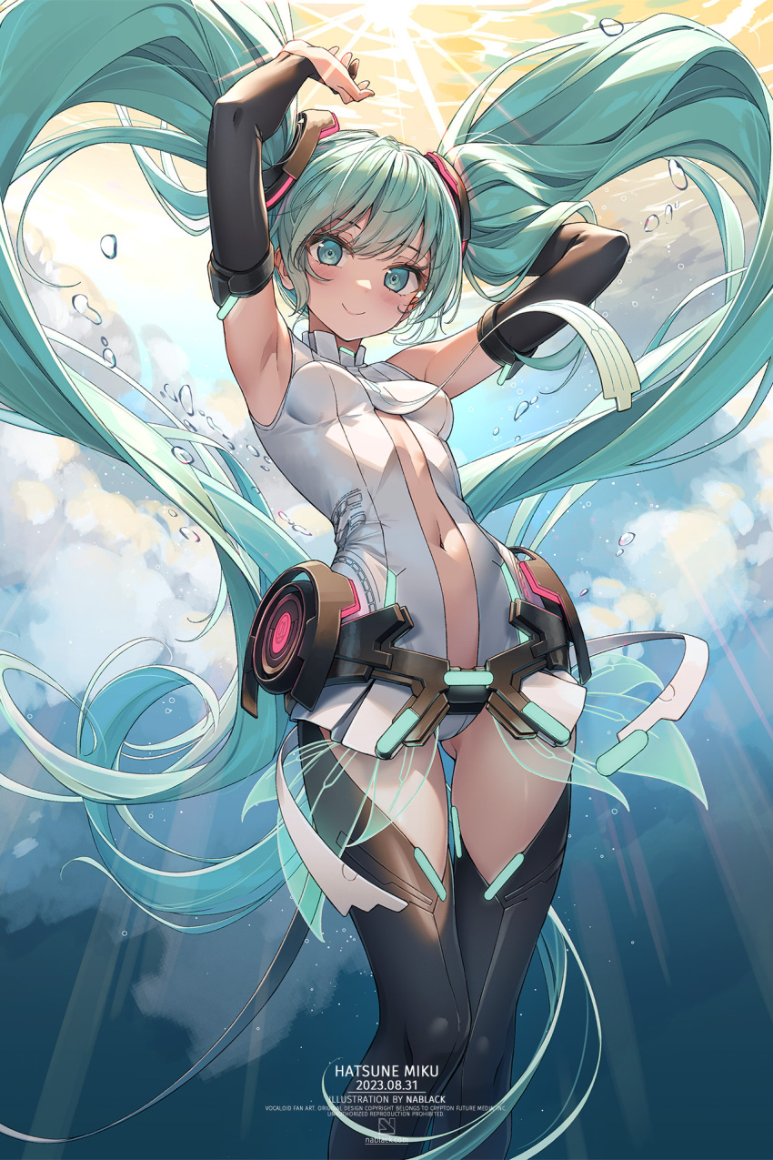1girl absurdly_long_hair aqua_eyes aqua_hair armpits arms_up bare_shoulders birthday breasts bridal_gauntlets center_opening closed_mouth elbow_gloves feet_out_of_frame gloves gluteal_fold hatsune_miku hatsune_miku_(append) highres hip_gear kuro-kun_(nablack) long_hair looking_at_viewer medium_breasts midriff navel necktie small_breasts smile solo swept_bangs thigh_gap thighhighs twintails underwater very_long_hair vocaloid vocaloid_append