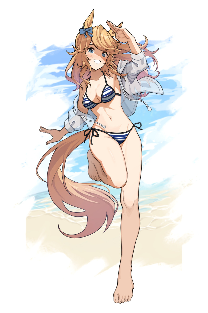 1girl absurdres animal_ears banpunsik barefoot bikini blonde_hair blue_eyes bow breasts commission drawstring ear_bow gold_city_(umamusume) grin highres horse_ears horse_girl horse_tail jacket long_hair looking_at_viewer medium_breasts pixiv_commission shading_eyes side-tie_bikini_bottom smile solo striped_bikini striped_clothes swimsuit tail umamusume white_jacket