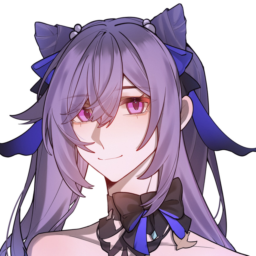 1girl bare_shoulders be_fond_of black_bow black_choker bow choker cone_hair_bun genshin_impact hair_bun hair_ribbon highres keqing_(genshin_impact) keqing_(opulent_splendor)_(genshin_impact) long_hair looking_at_viewer official_alternate_costume portrait purple_eyes purple_hair ribbon sidelocks simple_background solo white_background