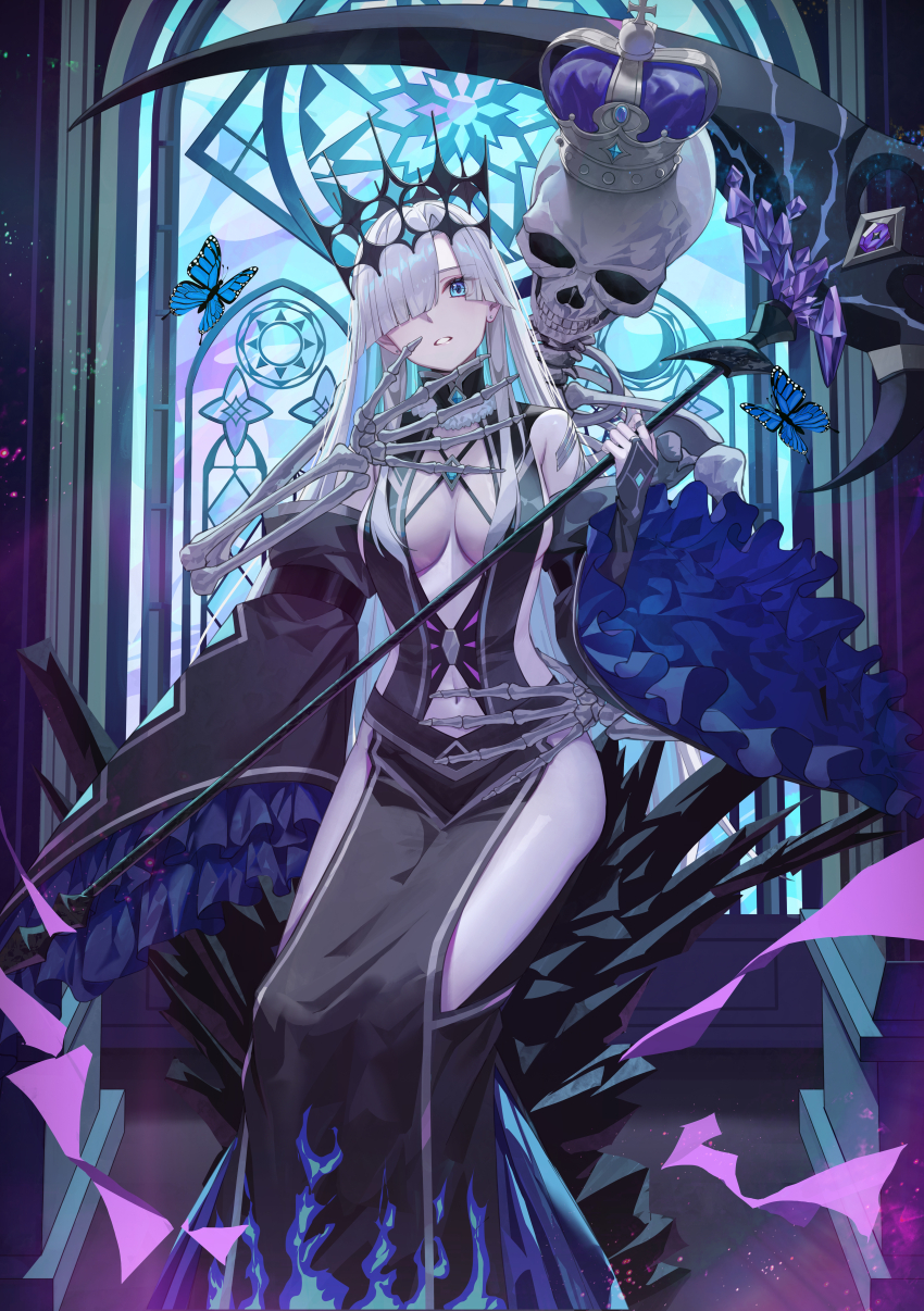 1girl absurdres backlighting bare_shoulders black_dress black_gloves blue_butterfly blue_eyes blue_gemstone blunt_bangs breasts bridal_gauntlets bug butterfly center_opening clothing_cutout colored_inner_hair commentary criss-cross_straps crown crystal detached_sleeves dress english_commentary frilled_sleeves frills gem gloves hair_over_one_eye head_tilt highres holding holding_scythe holding_weapon indoors insect large_breasts light_particles long_dress long_hair long_sleeves looking_at_viewer multicolored_hair navel navel_cutout original parted_lips pelvic_curtain rock scythe shakkiyi silver_trim single_sleeve_past_fingers skeletal_hand skeleton solo stained_glass thighs two-sided_sleeves very_long_hair weapon white_hair wide_sleeves