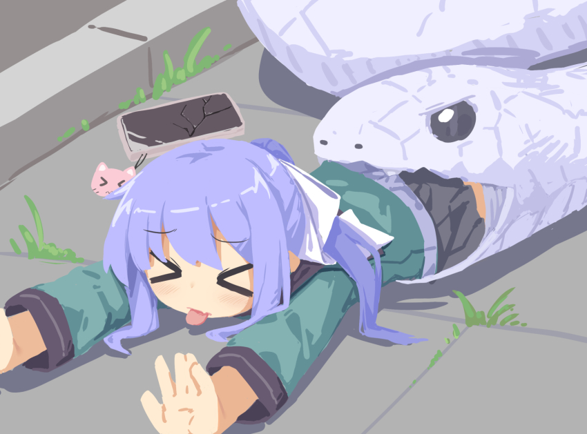 &gt;_&lt; 1girl blush bow cellphone charm_(object) cracked_screen fang hair_bow hassai highres lying no_lineart on_ground on_stomach original phone ponytail purple_hair skin_fang skirt smartphone snake tongue tongue_out vore white_bow white_snake