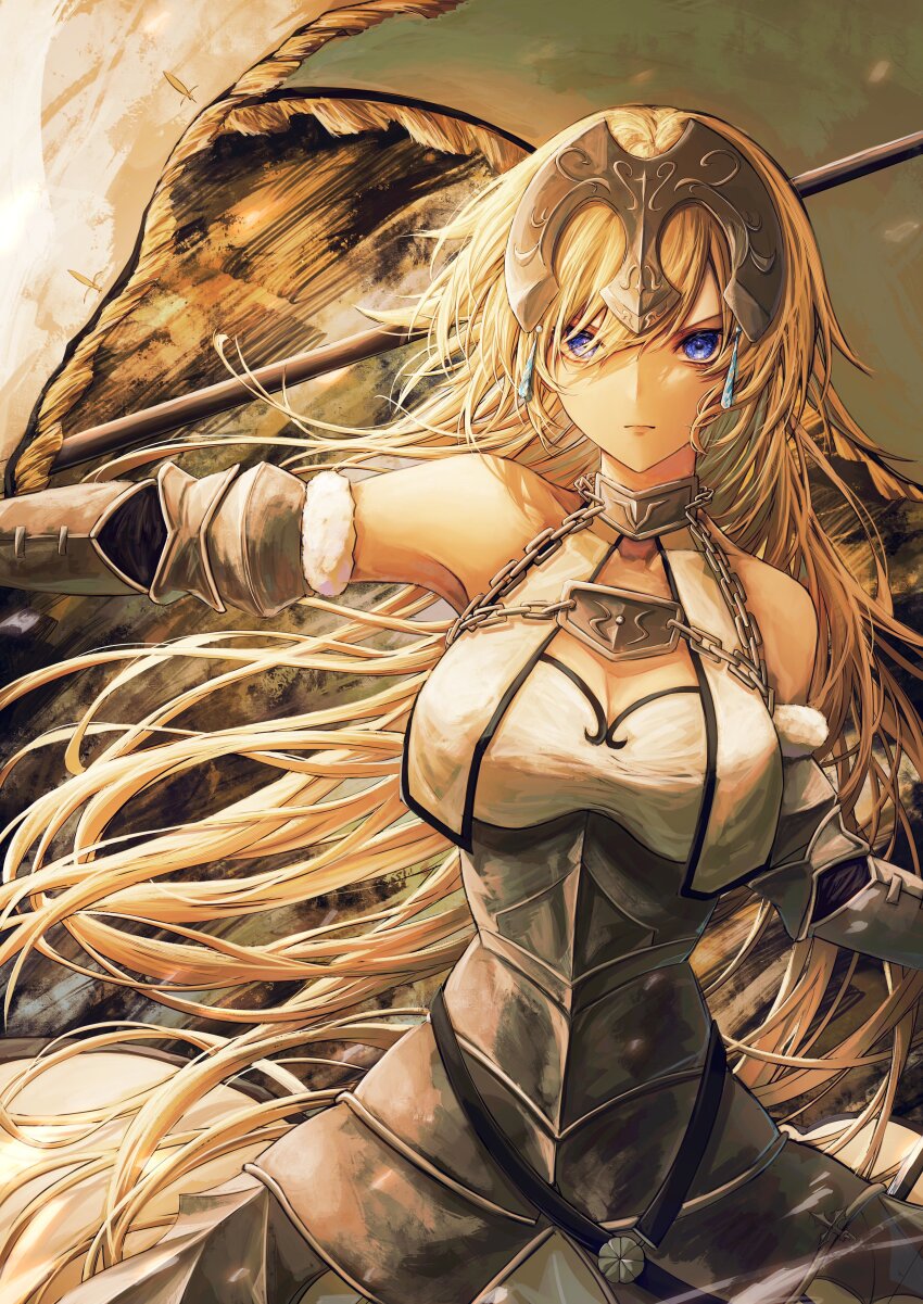 1girl absurdres armpit_peek bare_shoulders blonde_hair breasts chain cleavage fate/grand_order fate_(series) flag grey_armor grey_sleeves helmet highres holding holding_flag jeanne_d&#039;arc_(fate) jeanne_d&#039;arc_(ruler)_(fate) jeanne_d&#039;arc_(third_ascension)_(fate) long_hair looking_at_viewer medium_breasts purple_eyes serious solo very_long_hair white_trim yagi_(yagi5art)