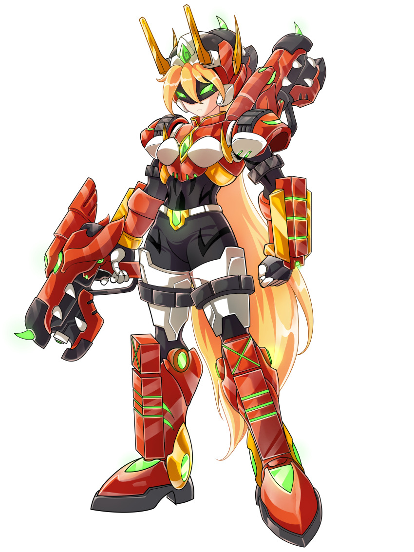 1girl absurdres alternate_costume armor armored_boots back_holster belt blonde_hair body_armor bodystocking boots breasts chest_jewel commission commissioner_upload covered_navel elbow_gloves elf_(mega_man_zx_prequel) fake_horns forehead_jewel full_body gauntlets gloves glowing glowing_eyes green_eyes gun helmet highres holding holding_gun holding_weapon horned_helmet horns knee_boots long_bangs long_hair mega_man_(series) mega_man_zx model_f_(mega_man) non-web_source original petite shoulder_armor small_breasts thigh_armor transparent_background uta_guipiy weapon