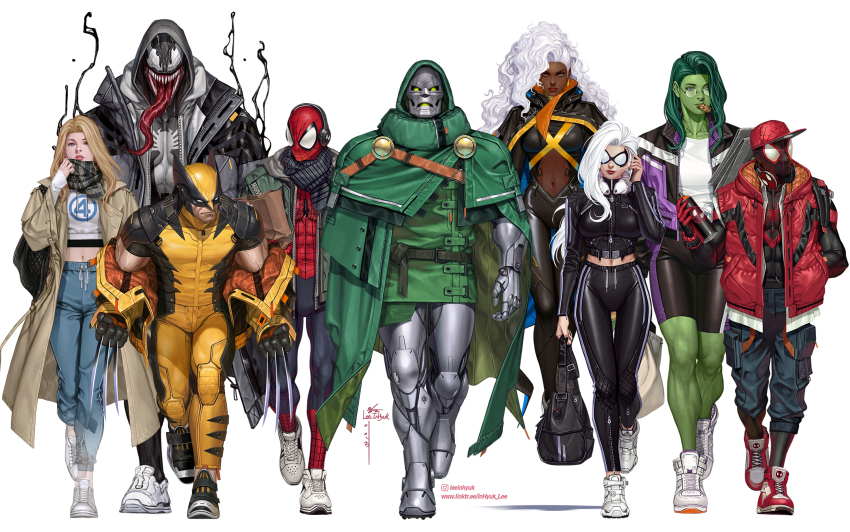 animal_print armor black_cat_(marvel) blonde_hair breasts cape claw_(weapon) coat colored_skin crossover doctor_doom fantastic_four felicia_hardy gloves green_hood green_skin hat highres hood in-hyuk_lee long_hair long_tongue looking_at_viewer marvel marvel_vs._capcom marvel_vs._capcom_3 mask miles_morales monster_boy multiple_boys multiple_girls muscular muscular_female navel pants sharp_teeth she-hulk smile spider-man spider-man_(miles_morales) spider-man_(series) spider-verse spider_print spider_web_print storm_(x-men) sue_storm superhero_costume symbiote teeth tongue tongue_out venom_(marvel) very_long_tongue vest weapon white_hair wolverine_(x-men) x-men yoga_pants