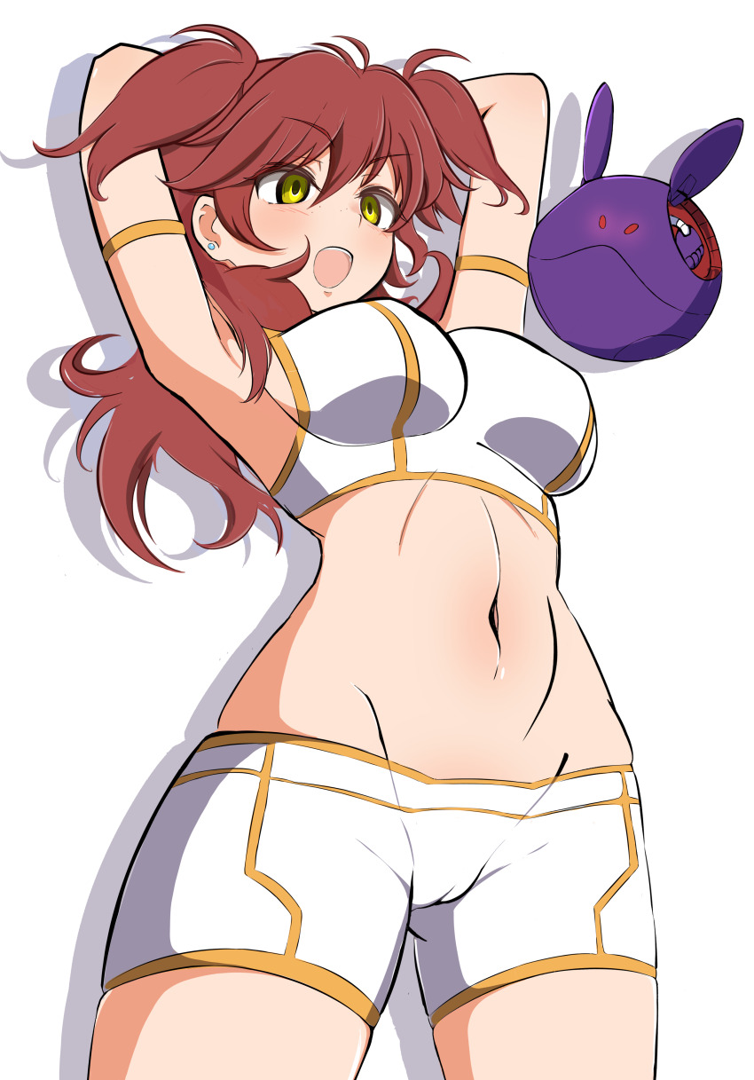 1girl absurdres armpits arms_behind_head arms_up bike_shorts breasts cameltoe crop_top freckles gundam gundam_00 haro haruwo0096 highres large_breasts long_hair midriff navel nena_trinity open_mouth red_hair shorts simple_background solo two_side_up white_background white_shorts yellow_eyes