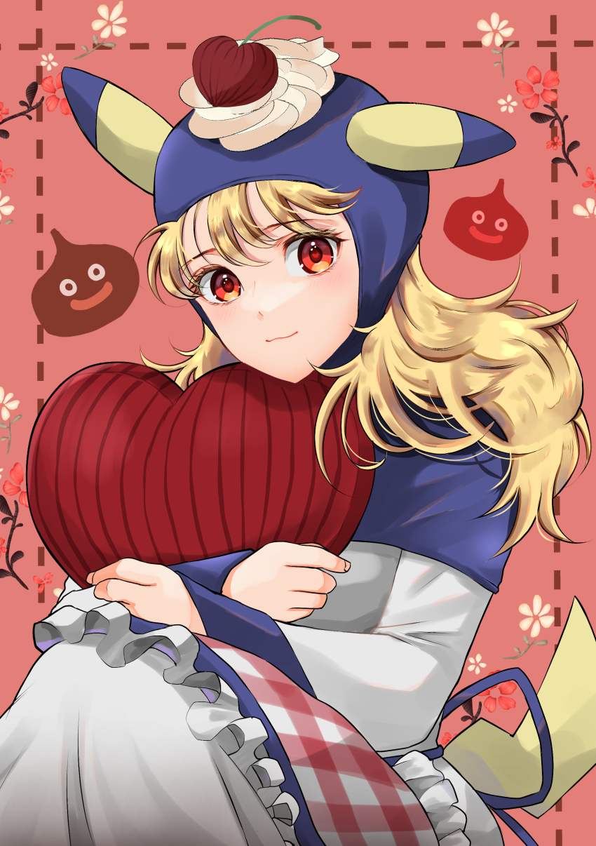 1girl absurdres animal_ears apron blonde_hair bow c-diamond cherry closed_mouth commentary_request dragon_quest dragon_quest_ii fake_animal_ears fake_tail flower food frilled_apron frills fruit game_freak gen_1_pokemon heart heart-shaped_pillow heart-shaped_pupils highres holding holding_pillow knees_to_chest long_hair long_sleeves looking_at_viewer nintendo pikachu pikachu_ears pikachu_tail pillow plaid_apron plaid_clothes pokemon pokemon_tail princess_of_moonbrook purple_bow purple_hood red_background red_eyes robe sitting slime_(dragon_quest) smile solo symbol-shaped_pupils tail whipped_cream white_robe
