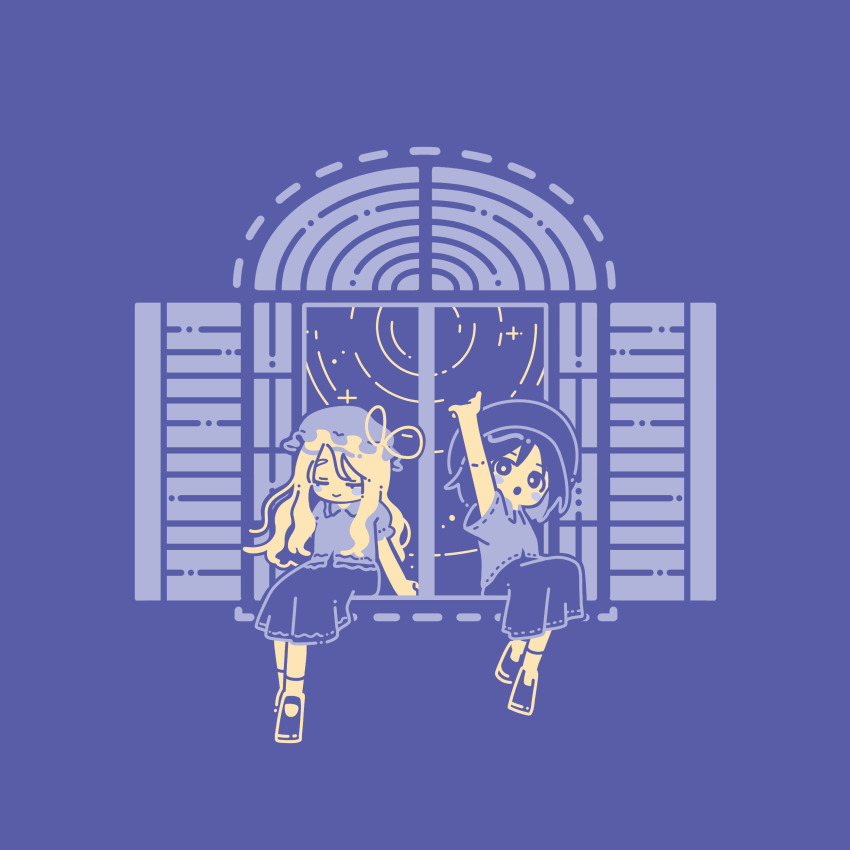 2girls absurdres arm_up blue_theme blush_stickers closed_eyes closed_mouth commentary hat highres limited_palette long_hair maribel_hearn mob_cap multiple_girls nama_udon open_mouth ribbon-trimmed_shirt ribbon_trim shirt shoes short_sleeves sitting skirt smile socks touhou usami_renko window