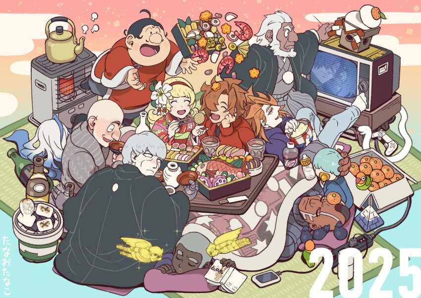 2025 absurdres albert_heinrich blonde_hair brown_hair chang_changku cyborg_009 francoise_arnoul geronimo_jr great_britain_(cyborg_009) grey_hair happy_new_year highres isaac_gilmore ivan_whisky japanese_clothes jet_link kimono long_hair new_year pyunma shimamura_joe short_hair tanaotanako