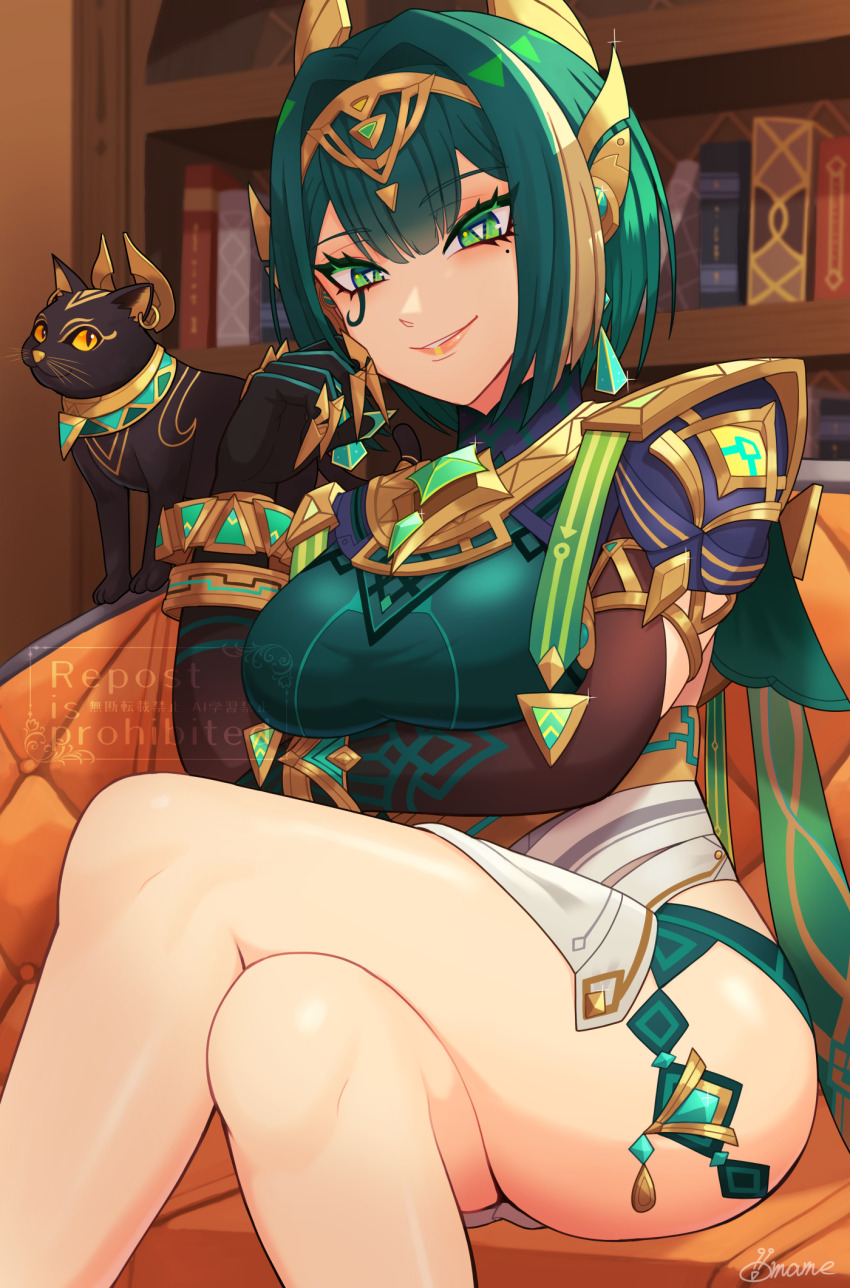1girl 1other arm_under_breasts ashru_(genshin_impact) black_gloves book bookshelf breasts cat chest_jewel crossed_legs earrings genshin_impact gloves green_eyes green_hair hair_intakes hair_ornament highres indoors jewelry large_breasts looking_at_viewer miniskirt mole mole_under_eye mutturi_mamer18 nefer_(genshin_impact) short_hair sitting skirt smile symbol-shaped_pupils thick_eyelashes watermark white_skirt