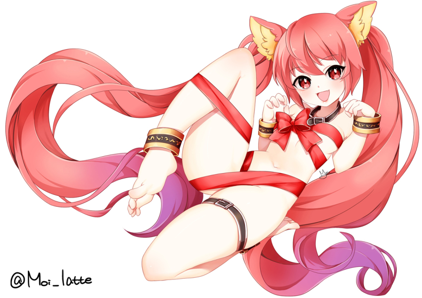 10s 1girl :d animal_ears ankle_garter breasts cerberus_(shingeki_no_bahamut) collar dog_ears female_focus gradient_hair long_hair looking_at_viewer moi_(latte_art) multicolored_hair naked_ribbon nude open_mouth pink_hair purple_hair red_eyes ribbon shingeki_no_bahamut simple_background small_breasts smile solo twintails twitter_username very_long_hair white_background