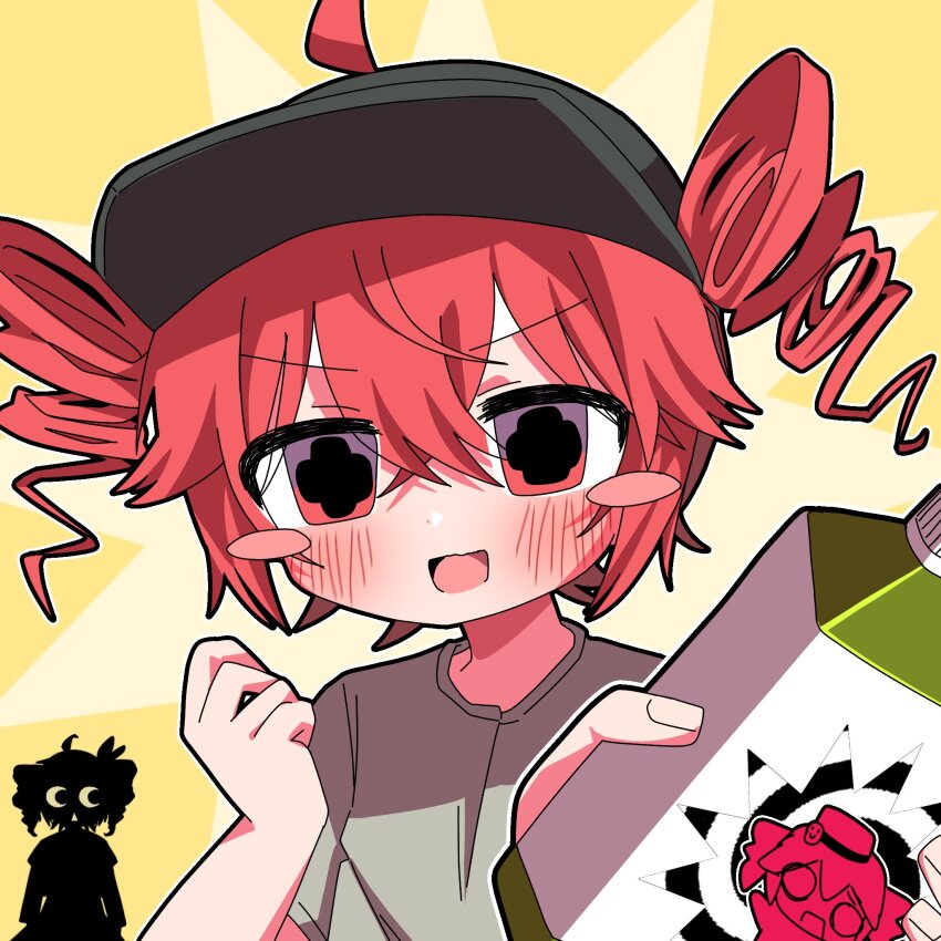 1girl ahoge baseball_cap black_hat blush blush_stickers bottle cross-shaped_pupils crossed_bangs dot_nose drill_hair grey_shirt hair_between_eyes hat highres holding holding_bottle kasane_teto kasane_teto_(sv) looking_at_viewer mesmerizer_(vocaloid) musekinin_shuugoutai_(synthesizer_v) open_mouth override_(synthesizer_v) poppippoo_(vocaloid) red_eyes red_hair shirt short_sleeves silhouette simple_background smile solo symbol-shaped_pupils synthesizer_v triangle_mouth twin_drills utau yatsuhashi_pork yellow_background