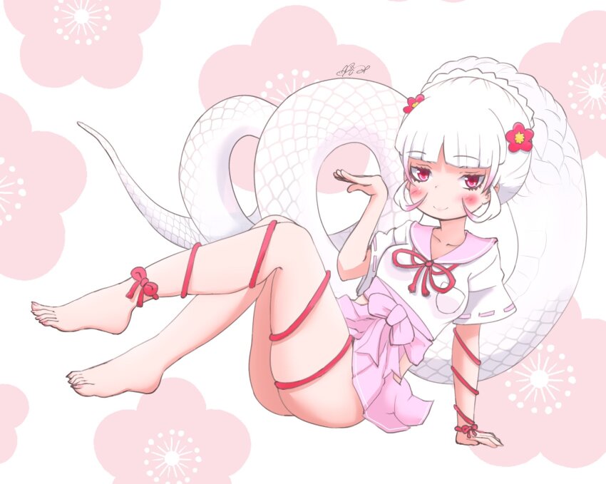 1girl arm_ribbon barefoot blunt_bangs blush byakuda_(kemono_friends) clothing_cutout etobiuo flower gradient_hair hair_flower hair_ornament highres kemono_friends leg_ribbon long_hair multicolored_hair pink_hair pink_skirt pleated_skirt red_eyes ribbon school_uniform serafuku shirt short_sleeves sidelocks sitting skirt smile snake_girl snake_tail solo t-shirt tail thigh_cutout white_hair white_shirt