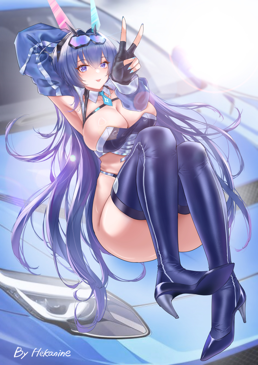 1girl absurdres animal_ears armpits azur_lane blue_eyes blue_hair blue_panties blue_thighhighs boots breasts car cleavage commentary_request fingerless_gloves gloves high_heel_boots high_heels highres huge_breasts long_hair motor_vehicle necktie new_jersey_(azur_lane) new_jersey_(black_blur_prelude)_(azur_lane) official_alternate_costume on_car outstretched_arm panties presenting_armpit race_queen takedzutsu_sake thighhighs underwear v