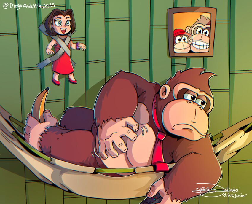 1boy 1girl banana brown_fur brown_hair controller diddy_kong diegoandsmtz donkey_kong donkey_kong_(series) donkey_kong_bananza duct_tape food fruit gorilla highres holding holding_remote_control kid_taped_to_wall_(meme) meme nintendo on_hammock pauline_(mario) photo_(object) remote_control signature