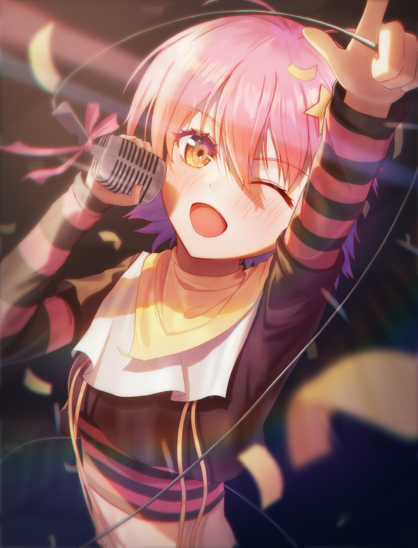 1girl ;d absurdres antenna_hair arm_up black_shirt blurry blush brown_eyes commentary_request confetti cropped_shirt depth_of_field eyelashes flowingcrescent hair_between_eyes hand_up happy highres holding holding_microphone index_finger_raised kira_kira long_sleeves looking_at_viewer microphone midriff music one_eye_closed open_mouth pink_hair shiino_kirari shirt short_hair singing smile solo striped_sleeves upper_body