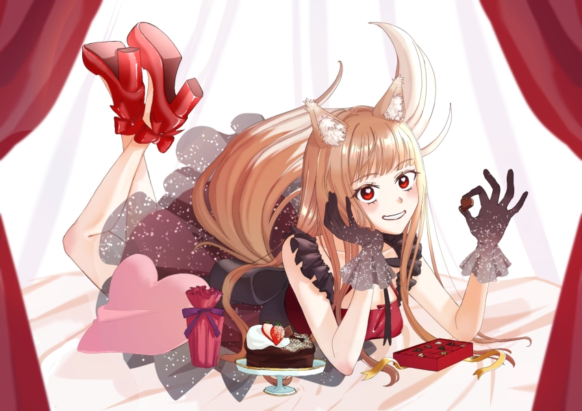 animal_ears back_bow bed_sheet black_bow black_gloves black_sash blush bow box box_of_chocolates brown_hair brown_tail cake cake_stand candy chocolate chocolate_heart clothing_cutout commentary_request curtains dress facing_viewer food frilled_dress frills fruit full_body gift glitter_dress gloves hand_on_own_cheek hand_on_own_face heart heart-shaped_food heart-shaped_pupils highres holding holding_candy holding_chocolate holding_food holo leg_ribbon legs_up light_smile long_hair looking_at_viewer lying namazu55 on_bed on_stomach platform_heels red_dress ribbon sash see-through_clothes sleeveless sleeveless_dress spice_and_wolf strappy_heels strawberry symbol-shaped_pupils tail tail_raised tail_through_clothes the_pose wolf_ears wolf_girl wolf_tail