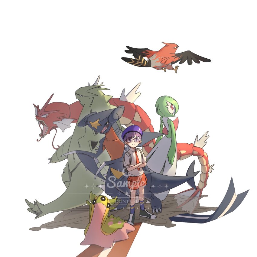 1boy 1girl alternate_color black_eyes collared_shirt colored_skin commission fangs floating full_body game_freak garchomp gardevoir gastrodon gastrodon_(west) gen_1_pokemon gen_2_pokemon gen_3_pokemon gen_4_pokemon green_hair green_skin grey_bag grey_shoes gyarados hat highres looking_at_another looking_at_viewer naranja_academy_school_uniform necktie nintendo orange_necktie orange_shorts pokemon pokemon_(creature) pokemon_sv purple-tinted_eyewear purple_hair purple_hat purple_socks red_eyes robinlovesop school_uniform shiny_pokemon shirt shoes shorts simple_background socks standing tinted_eyewear tyranitar white_background white_shirt white_skin