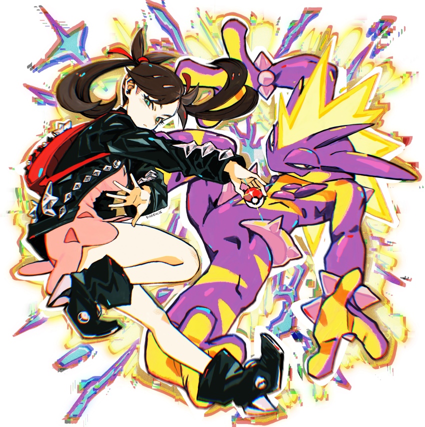 1girl absurdres backpack bag black_dress black_hair boots closed_mouth dress earrings electricity eudetenis floating_hair full_body gen_8_pokemon green_eyes hair_ribbon highres jewelry marnie_(pokemon) nintendo open_hand outstretched_arm pink_dress poke_ball poke_ball_(basic) pokemon pokemon_(creature) pokemon_swsh ribbon short_dress stud_earrings toxtricity twintails