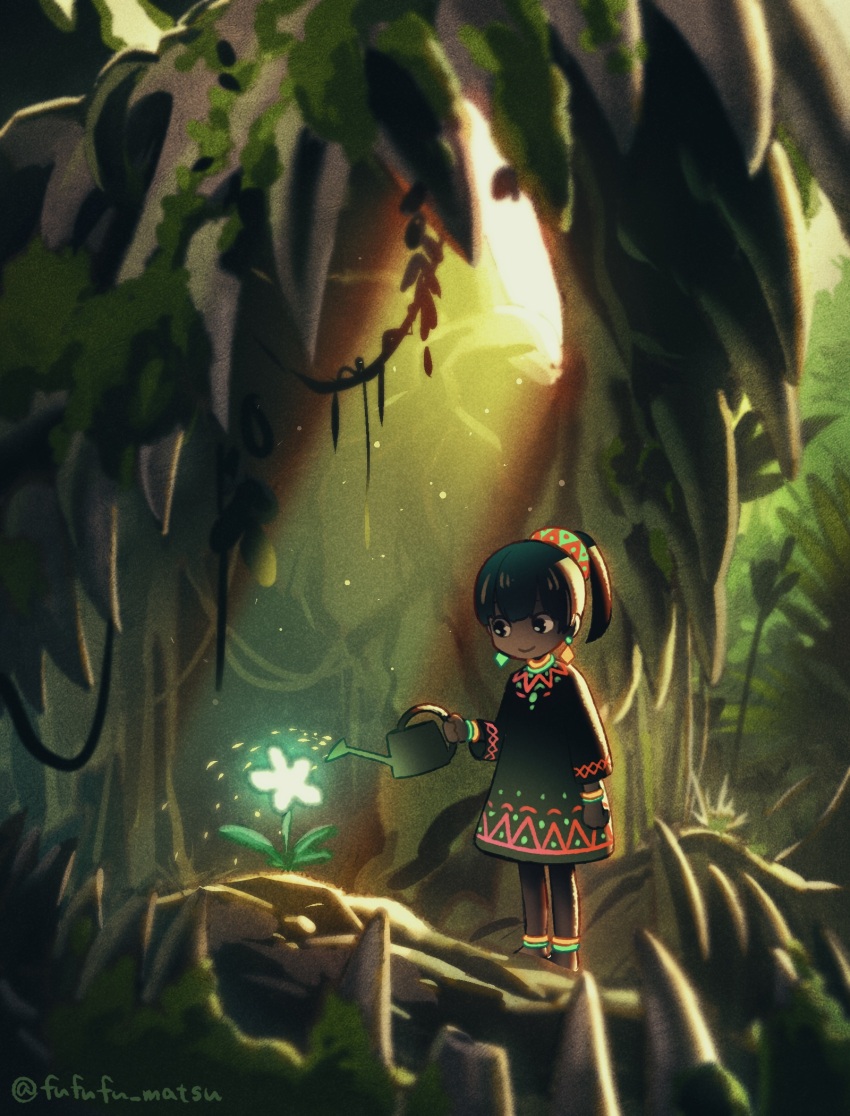 1girl black_hair commentary_request flower full_body funuyu green_background highres holding holding_watering_can light_rays original outdoors ponytail short_hair standing watering watering_can