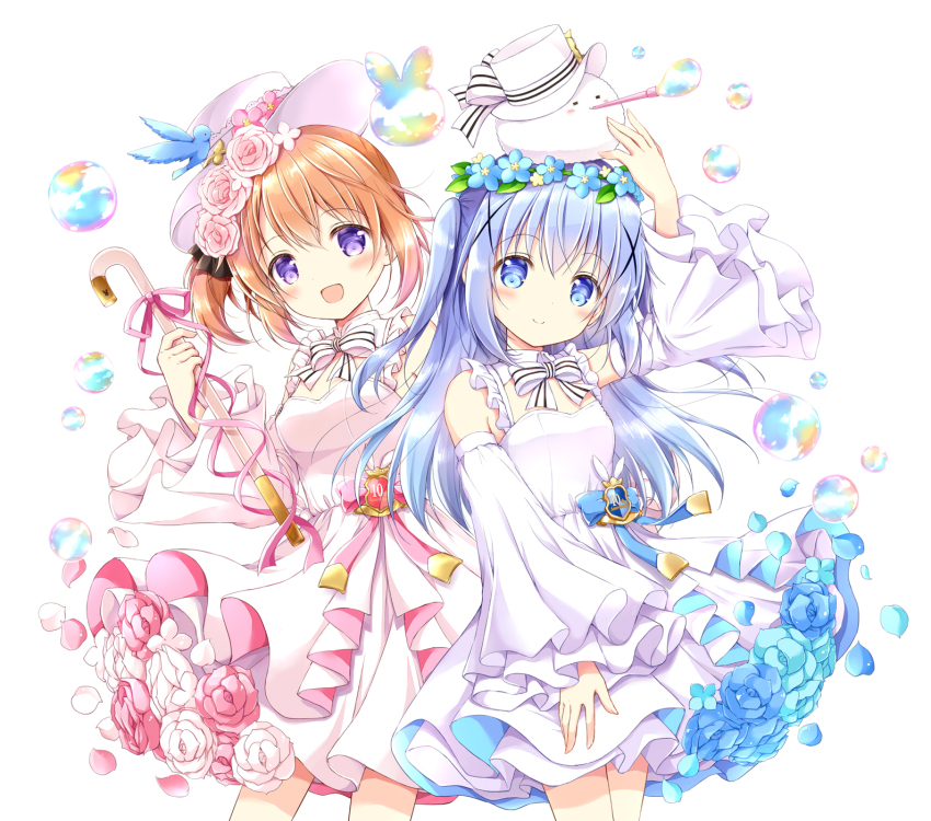 2girls :d angora_rabbit animal animal_on_head bare_shoulders bird blue_bow blue_eyes blue_flower blue_hair blue_rose blush bow breasts brown_hair bubble bubble_wand cane closed_mouth commentary_request detached_sleeves dress flower gochuumon_wa_usagi_desu_ka? hair_ornament hat highres holding holding_cane hoto_cocoa kafuu_chino long_hair long_sleeves medium_breasts multiple_girls nanase_miori on_head one_side_up open_mouth pink_bow pink_flower pink_rose purple_eyes rabbit rose simple_background small_breasts smile striped_bow tippy_(gochiusa) two_side_up very_long_hair white_background white_bow white_dress white_flower white_hat white_rose white_sleeves wide_sleeves x_hair_ornament