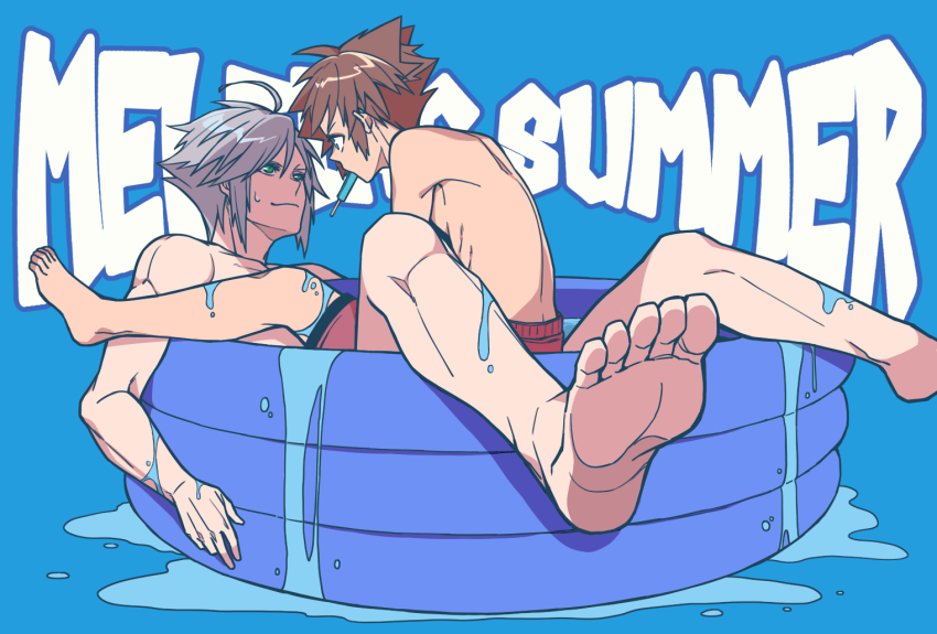 2boys barefoot black_hair blue_background brown_eyes closed_mouth collarbone commentary_request english_text eye_contact food food_in_mouth green_eyes grey_hair kingdom_hearts looking_at_another male_focus male_swimwear matsu_zatsu multiple_boys popsicle popsicle_in_mouth red_male_swimwear red_swim_trunks riku_(kingdom_hearts) short_hair sitting sitting_on_lap sitting_on_person smile sora_(kingdom_hearts) spiked_hair topless_male wading_pool water wet