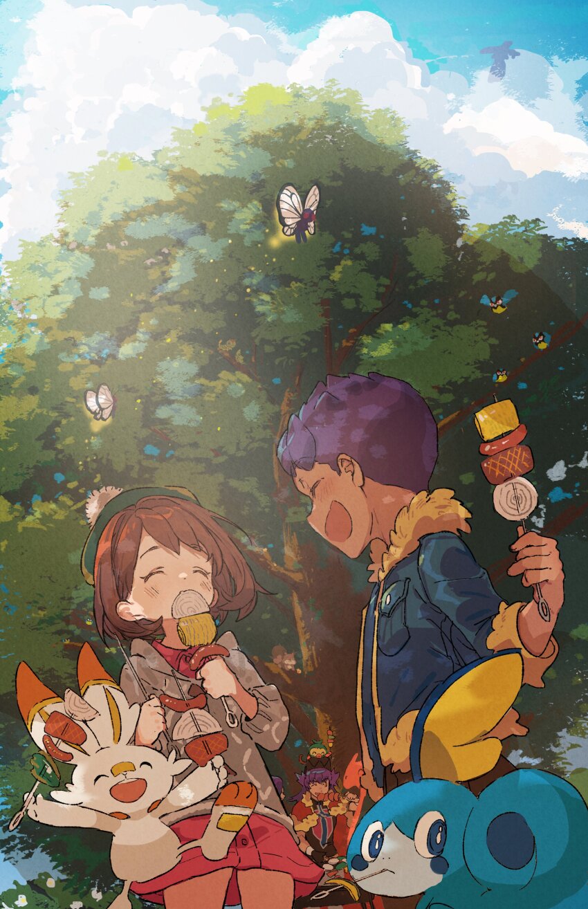 2boys 2girls absurdres bird blue_jacket blue_sky blush brown_hair bug butterfly butterfree cardigan charizard closed_eyes cloud cloudy_sky collared_dress commentary_request creatures_(company) dark-skinned_male dark_skin day dress eating food from_below fur-trimmed_jacket fur_trim game_freak gen_1_pokemon gen_8_pokemon gloria_(pokemon) green_hat grey_cardigan grookey happy hat highres holding holding_food hood hooded_cardigan hop&#039;s_mother_(pokemon) hop_(pokemon) insect jacket leon_(pokemon) light_particles medium_hair multiple_boys multiple_girls nana_tetra nature nintendo on_head open_mouth outdoors pink_dress pokemon pokemon_(creature) pokemon_on_head pokemon_swsh purple_hair rookidee scorbunny short_hair skwovet sky smile sobble sunlight tam_o&#039;_shanter tree