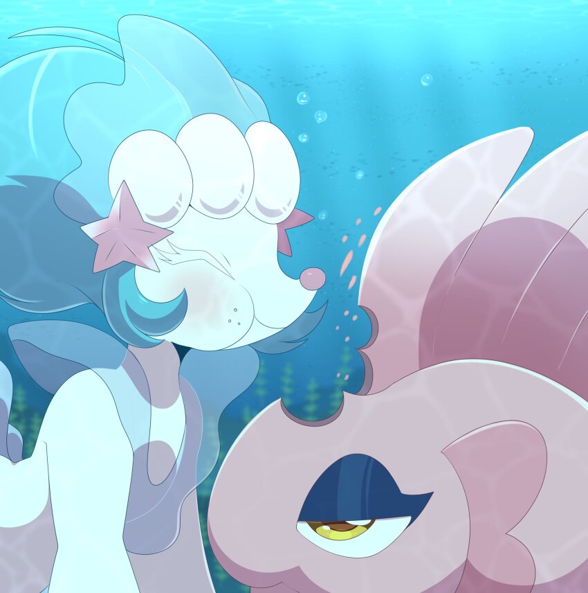 ^_^ alomomola animal_focus blue_hair bubble chewing closed_eyes colored_eyelashes colored_skin commentary english_commentary fish gen_5_pokemon gen_7_pokemon heavymetalpapi highres long_hair nintendo no_humans pokemon pokemon_(creature) primarina sea_lion snout unamused underwater white_skin yellow_eyes