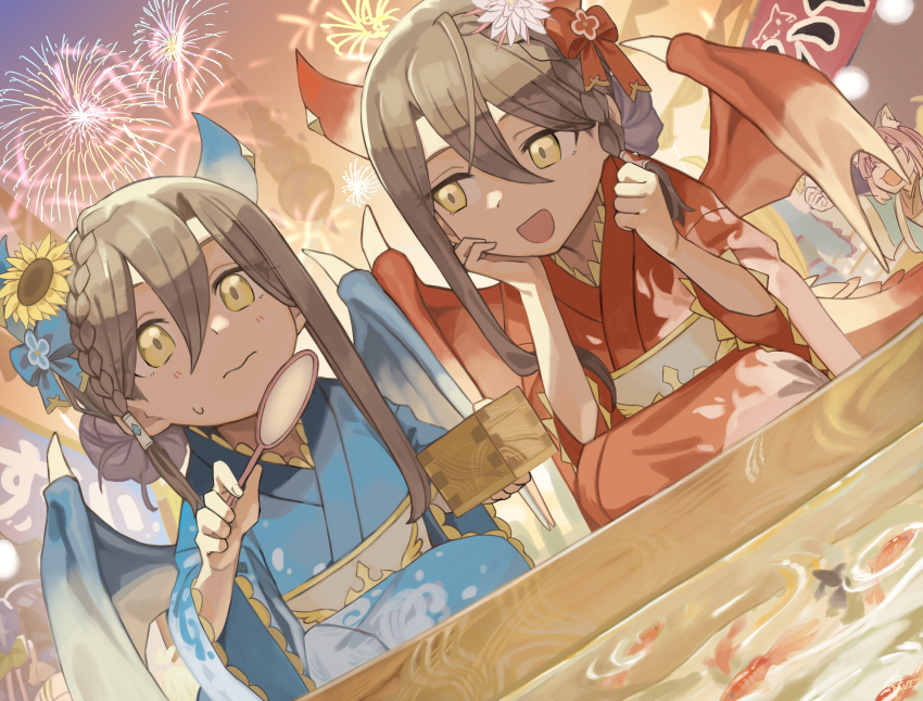 3girls absurdres blue_kimono brown_hair dragon_girl dragon_horns dragon_tail dragon_wings fireworks flower goldfish_scooping hair_flower hair_ornament hair_ribbon highres horns japanese_clothes kimono lind_(princess_connect!) market_stall multiple_girls poi_(goldfish_scoop) princess_connect! red_kimono ribbon summer_festival tail tamaki_(princess_connect!) tyaui_(xjju4435) wings wurm_(princess_connect!) yellow_eyes yukata